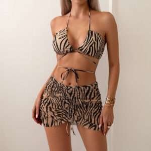 Leopard Print Three Piece Bikini with Cover-Up 2