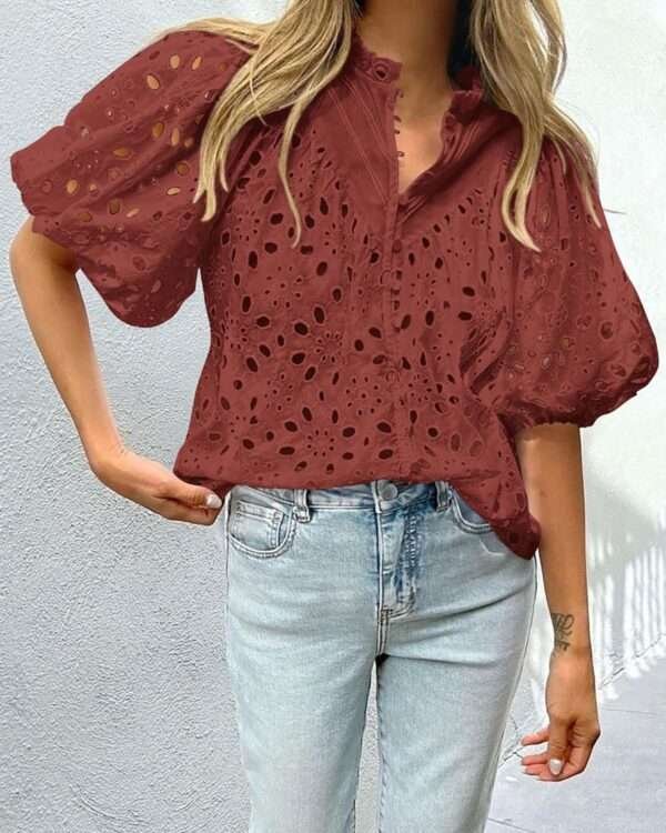 Embroidery Hollow Out Lace Lantern Sleeve Shirt